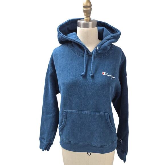 VTG Champion Reverse Weave Blue Hoodie cotton blendSz L Solid Blue Label - Picture 1 of 6